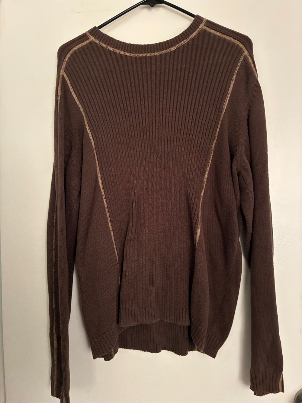 Axcess Brown Ribbed Crewneck Sweater with Contrast Stitching
